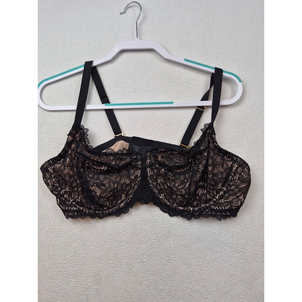 Soma Unlined Balconette Bra Black Lace Nude Mesh 42D Underwire